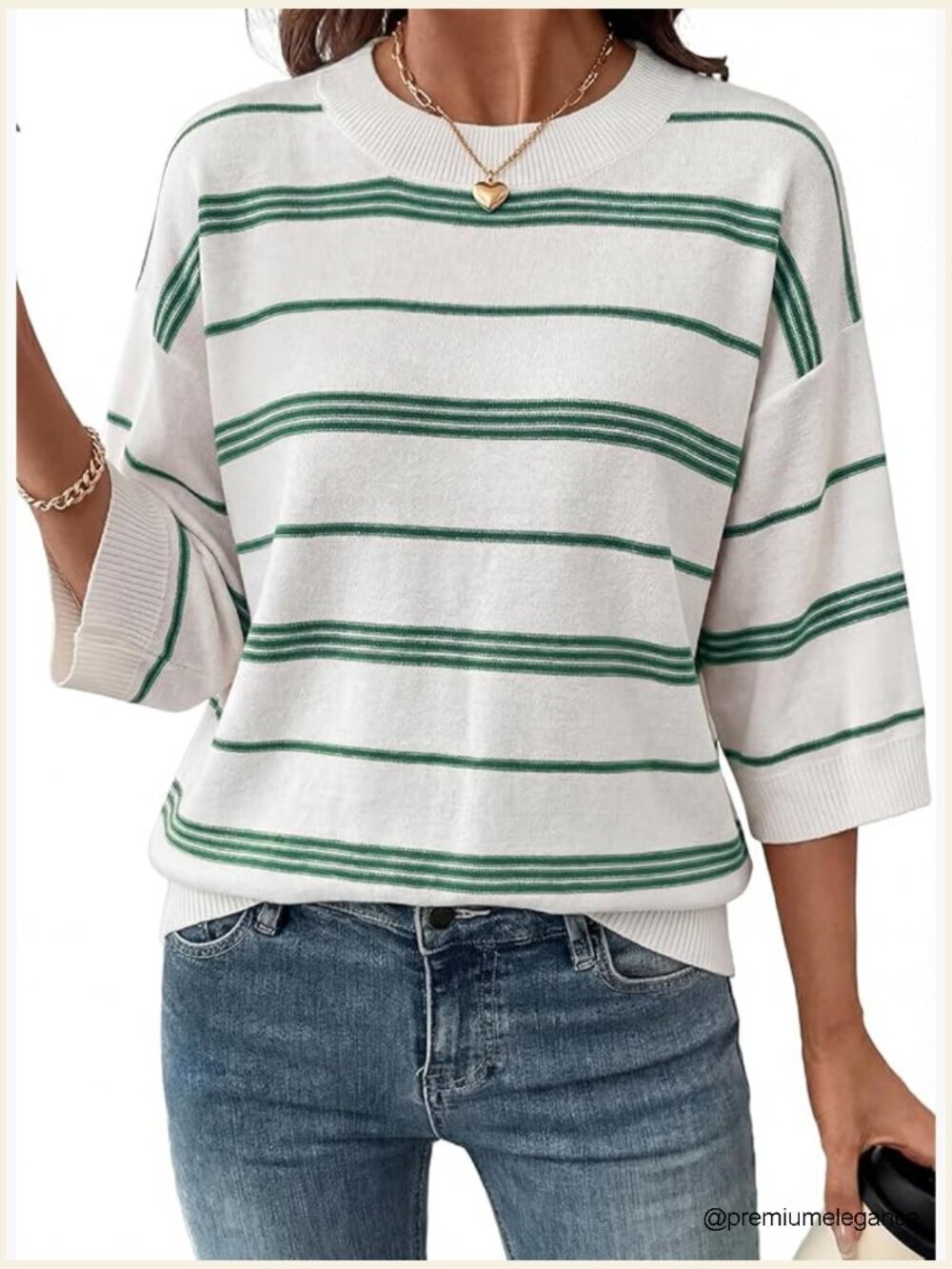 Oversized 3/4 Sleeve Striped Pullover Sweater Lightweight Knit Tops